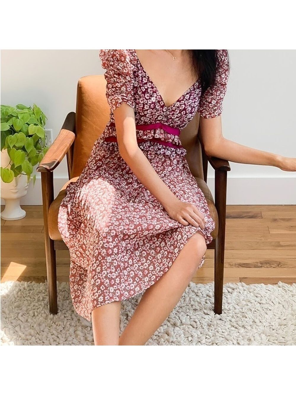 Anthropologie En Saison Red Ditzsy Midi Dress Sz XS Floral Chiffon Pleated Skirt